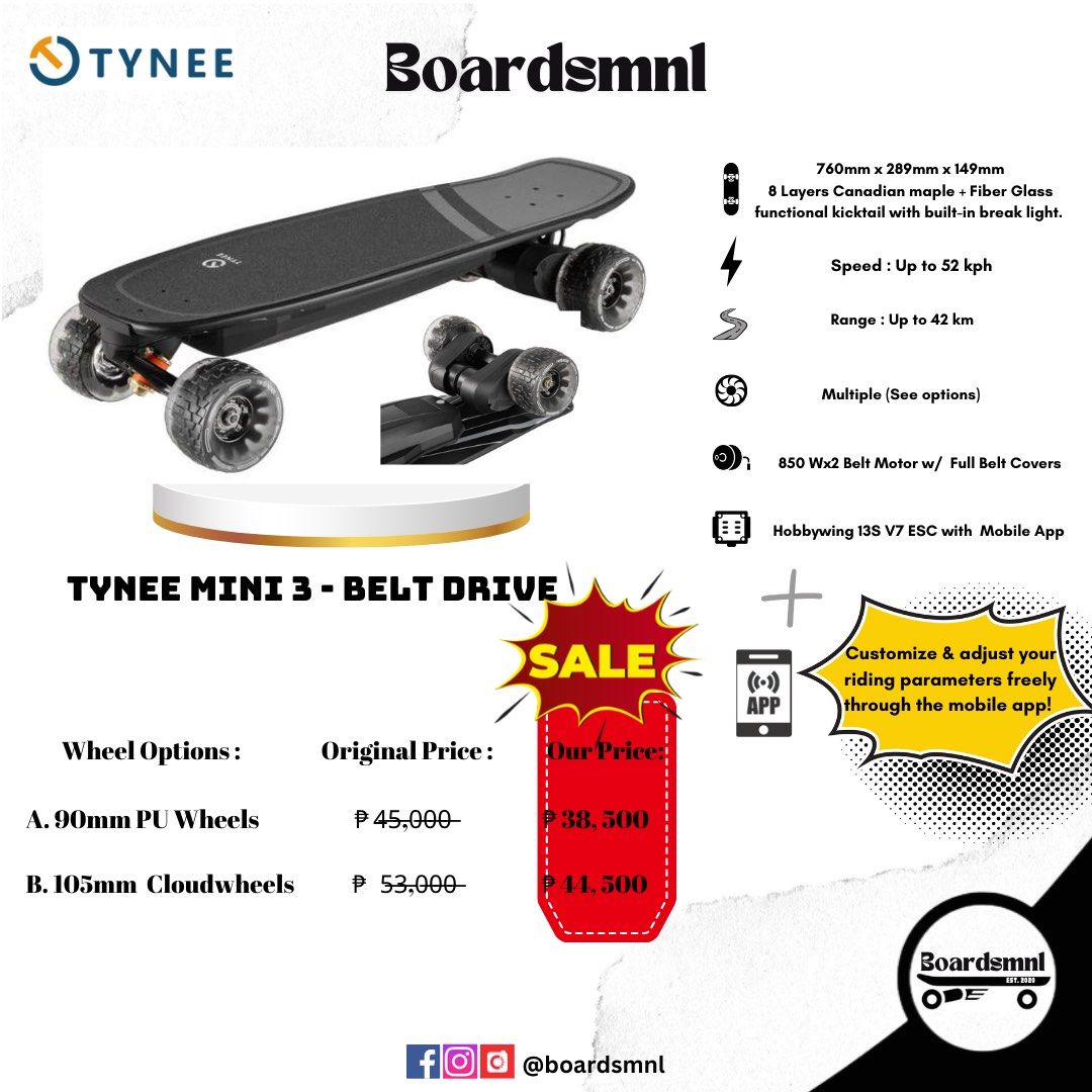 Tynee Boards ⚡️ (Category: Skates, Rollerblades & Scooters) located in Pasig City. Submitted by boardsmnl (Listing ID 1309687484, Image 2). Description: 𝙏𝙔𝙉𝙀𝙀 — Built by engineers, Tynee is a dedicated electric skateboard company that focuses on providing users with good products, good services and good prices. Check each photos for specs and details ⚡️ 𝟱𝟬% 𝗗𝗼𝘄𝗻𝗽𝗮𝘆𝗺𝗲𝗻𝘁 𝗼𝗻𝗹𝘆 𝘁𝗼 𝗽𝗹𝗮𝗰𝗲 𝗮𝗻 𝗼𝗿𝗱𝗲𝗿, remaining balance 
