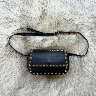 Valentino Garavani Rockstud Black Leather Flap Mini SHW Belt Bag