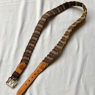 Vintage Handcrafted Brown Leather and Multicolor Braided Woven Belt with Solid Brass Buckle Made in USA