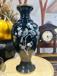 Vintage Large Brass Enameld Black Vase With Mother of Pearl Birds