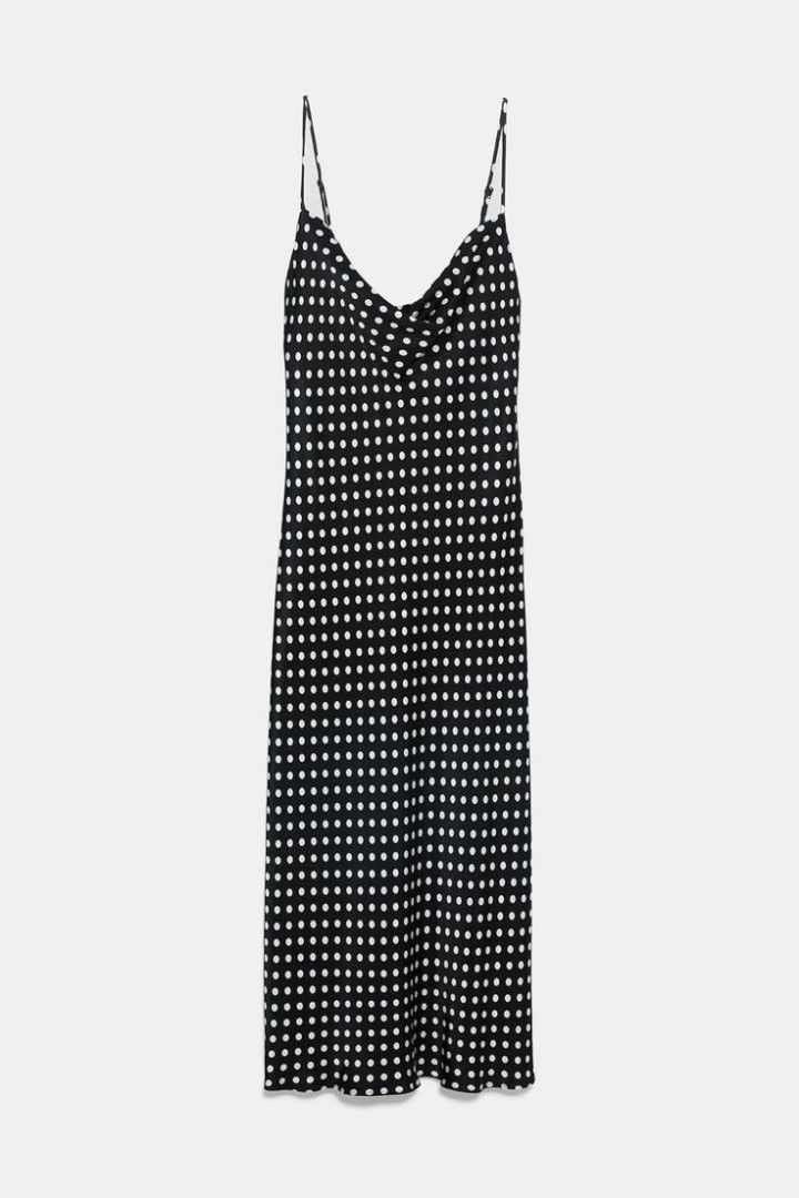 knee length dresses for ladies Zara Black White Silk Satin Polka Dots Cowl Neck Cami Slip Midi Dress  Brie