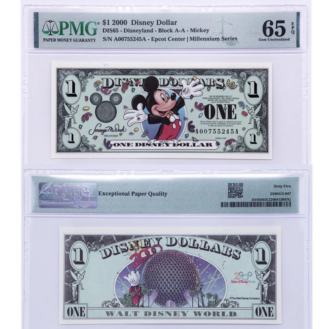 2000 迪士尼• 米奇慶祝2000年1美金評級紙幣Disney ™️ Dollars • Mickey Celebrating the Year  2000 $1 Graded Bill [PMG 65 EPQ Gem Uncirculated], 興趣及遊戲, 收藏品及紀念品, 錢幣-  Carousell