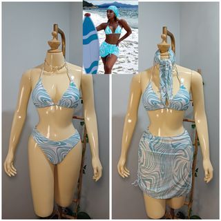 3in1 Swimwear Two Piece Swimsuit (Medium) Padded Triangle & Bikini & Beach Skirt & Hair Bandana