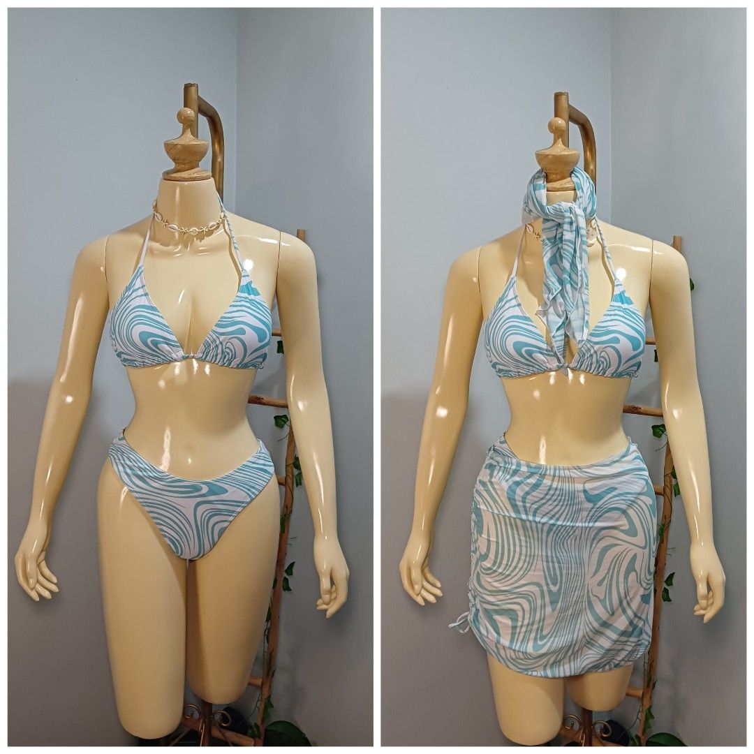 3in1 Swimwear Two Piece Swimsuit Medium Padded Triangle Bikini Beach Skirt Hair Bandana Women s Fashion Swimwear Bikinis Swimsuits on Carousell