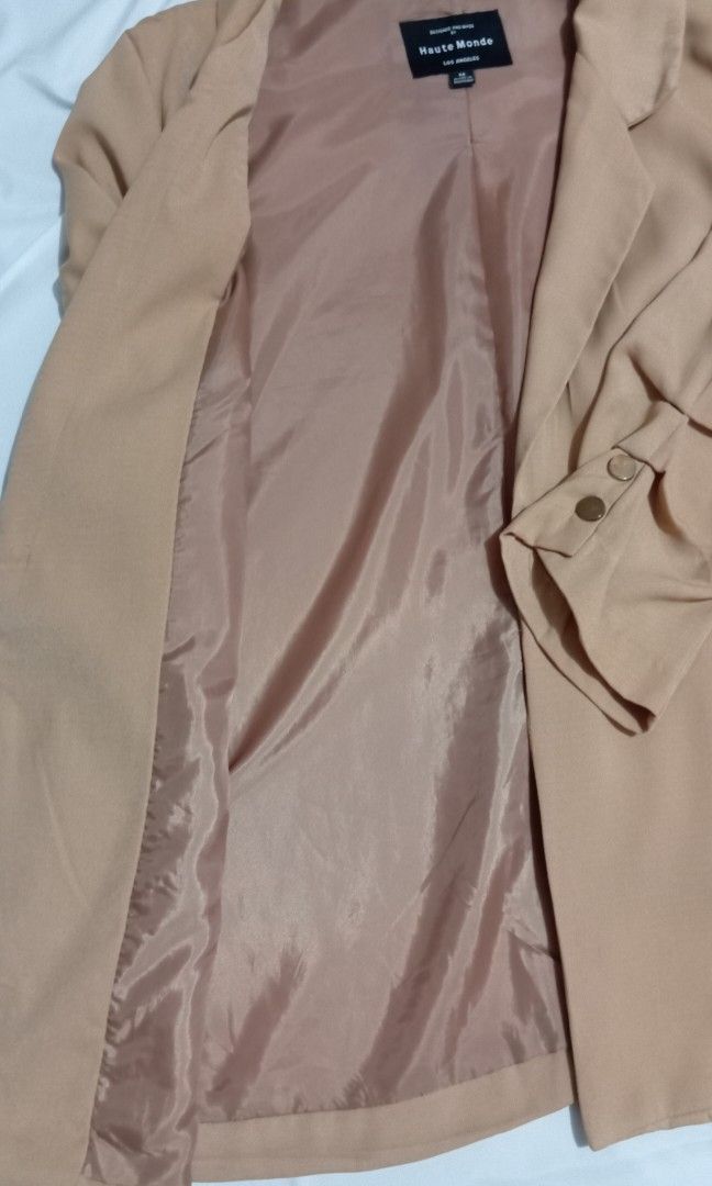 Blazer with ruched sleeve camel beige (Category: Coats, Jackets and Outerwear) located in Malabon City. Submitted by shopbargainph (Listing ID 1306618144, Image 3). Description: with lining, and usable pocket. used about 5 times only P800..