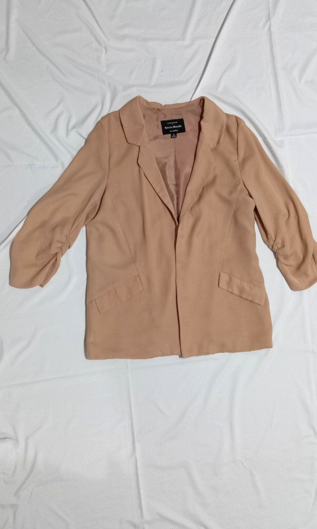 Blazer with ruched sleeve camel beige (Category: Coats, Jackets and Outerwear) located in Malabon City. Submitted by shopbargainph (Listing ID 1306618144, Image 2). Description: with lining, and usable pocket. used about 5 times only P800..