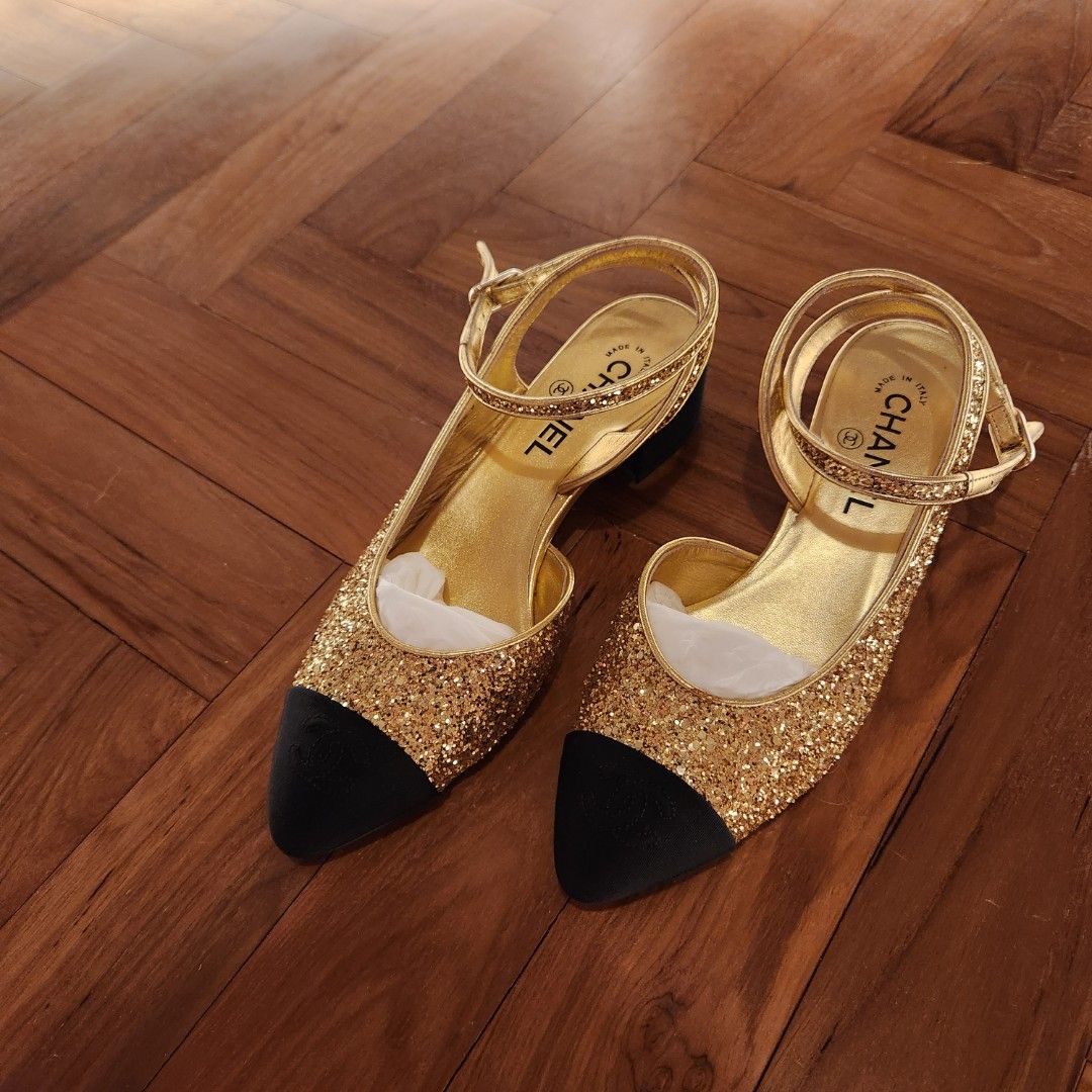Chanel Gold Sparkly Glitter Mary Jane Ankle Strap Flats Pumps sz38.5