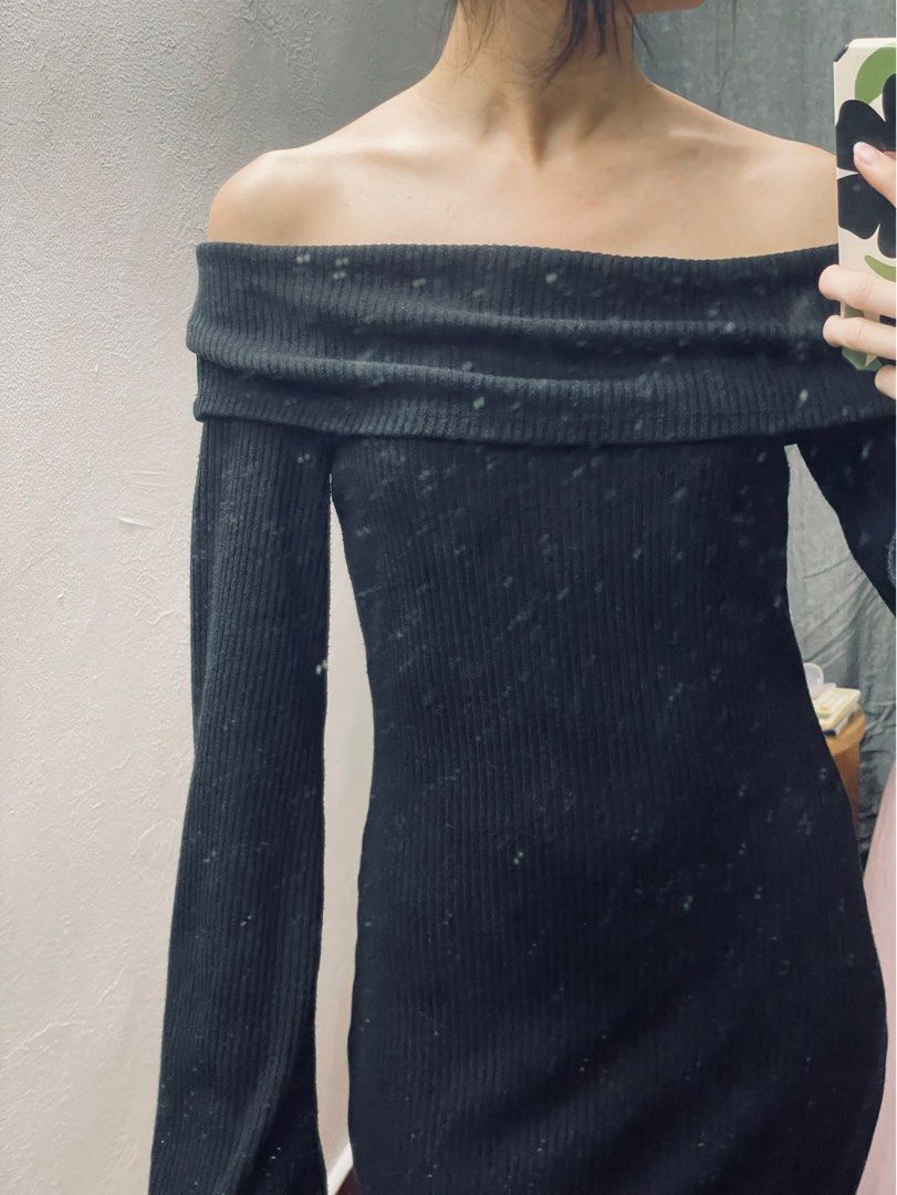 H&M Divided Black Off Shoulder Knitted Long Sleeved Dress, Women's Fashion,  Dresses & Sets, Dresses on Carousell