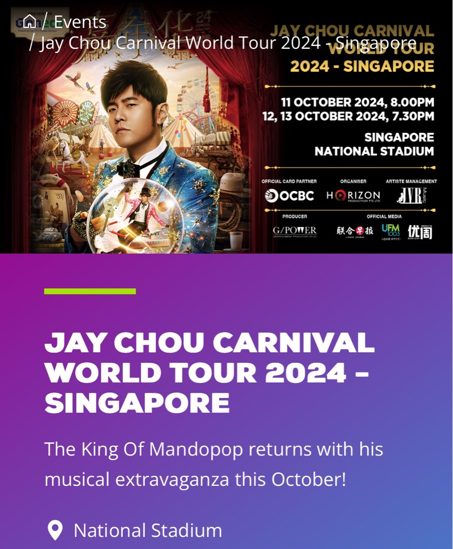 Jay Chou Concert 11 Oct 2024, Cat 3 Tickets, Tickets & Vouchers, Event Tickets on Carousell