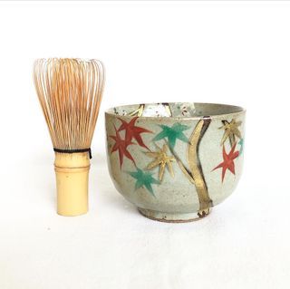 Kyo-yaki Matcha Tea Bowl with Maple Tree Hand Painting