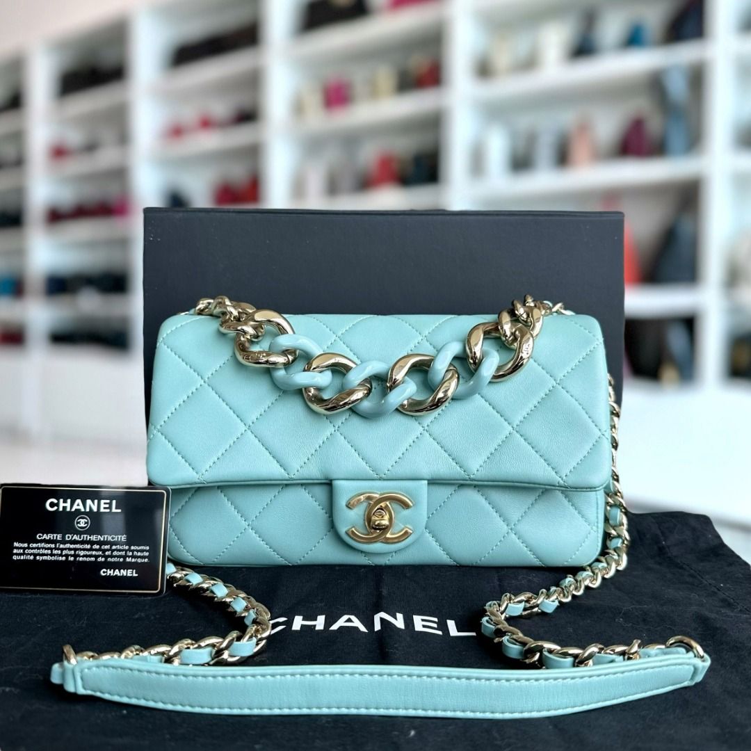 Like New Chanel 2020 Elegant Resin Chain Classic Flap Quilted Lambskin Light Blue GHW No 29