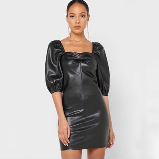 (S) MANGO Puff Sleeve Faux Leather Dress Black