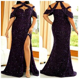 Plus Size Fully sequined 2 way Purple evening long gown