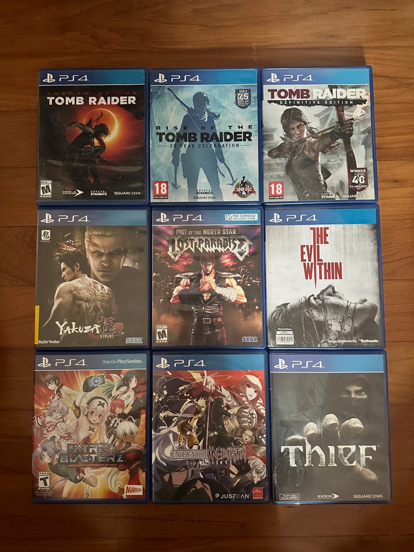 PS4 game Tomb Raider / Rise of the tomb raider / Tomb Raider definitive /  Yakuza 2 / Fist of the North Star / Lost Paradise / The evil within / Nitro