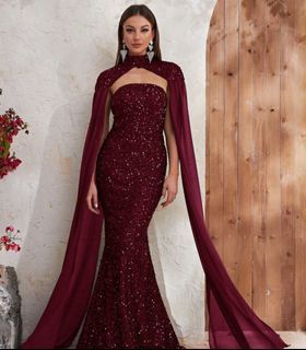 Red Sequined Formal Dress With Stylish Neck Cloak Drape