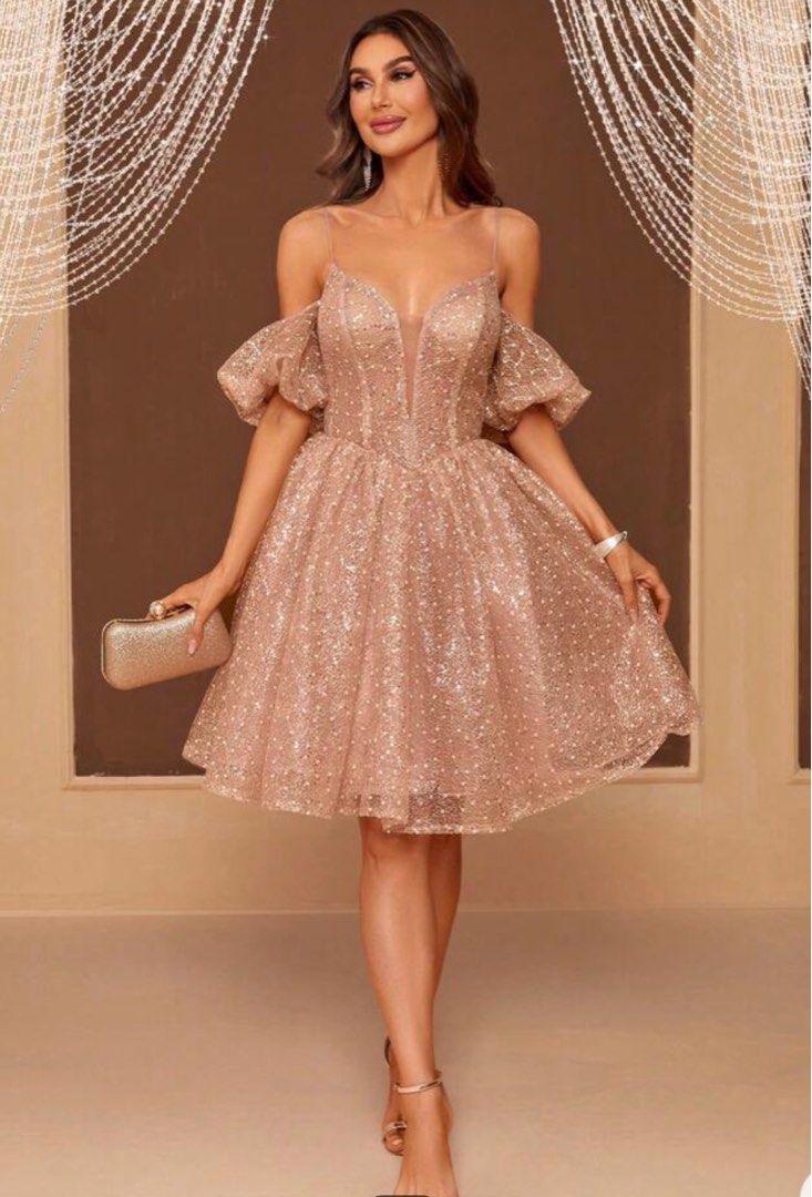 Shein rosegold puff sleeves cocktail dress Women s Fashion Dresses Sets Dresses on Carousell