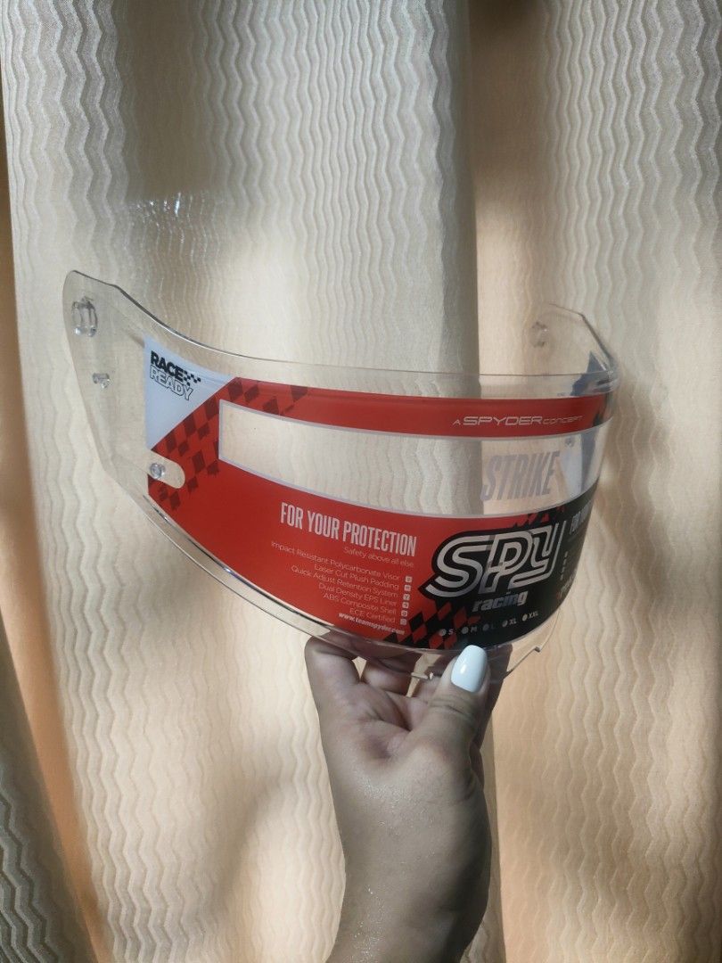 Spyder Clear Spare Visor (Category: Helmets and other Riding Gears) located in Pasig City. Submitted by igustnik (Listing ID 1306598152, Image 3). Description: FOR MEDIUM HELMET NO FLAWS BRAND NEW RFS: HINDI NA NAGMO-MOTOR; NAKA-KOTSE MADALAS SI JOWA.