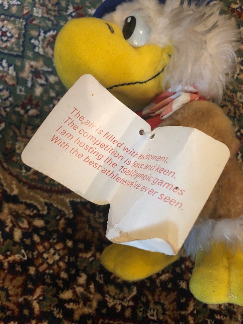 Vintage 80s Olympics Eagle Plush (Category: Plushies & Soft Toys) located in Binan City. Submitted by thriftwavesph (Listing ID 1306665790, Image 3). Description: new with tags. dirt/stains due to storage tags: usa plush stuff toy collectible.