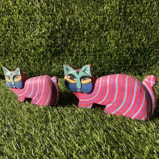 Vintage Cat Laurel Burch Handpainted Stripe Wood Curve Figurine with Flaw as posted 8” & 6” inches, 2pcs - P450.00 Take All