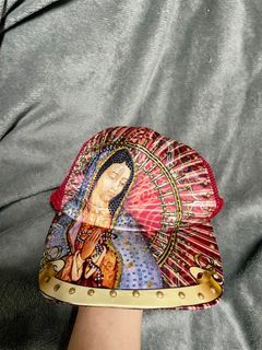 Virgin Guadalupe Mary Mexico Trucker SnapBack Hat With Beads Red