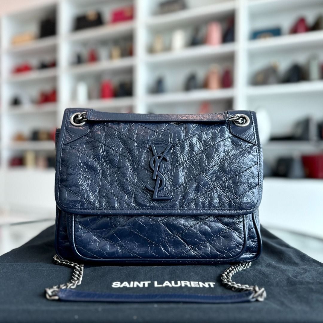Yves Saint Laurent YSL Niki Medium Mateless Chevron Dark Blue Shoulder Bag Luxury Bags Wallets on Carousell