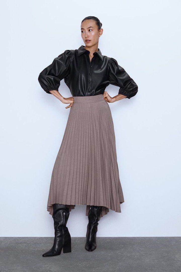 ZARA Asymmetrical accordion pleated skirt/ Zara beige asymmetric skirt/Zara  High waist asymmetrical pleated skirt/ Zara cotton flared midi