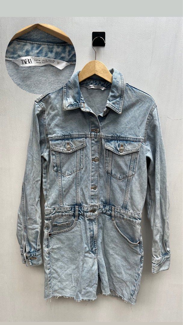 ZARA DENIM JEANS JUMPSUIT LONG SLEEVE MINI ROMPER WANITA, Fesyen
