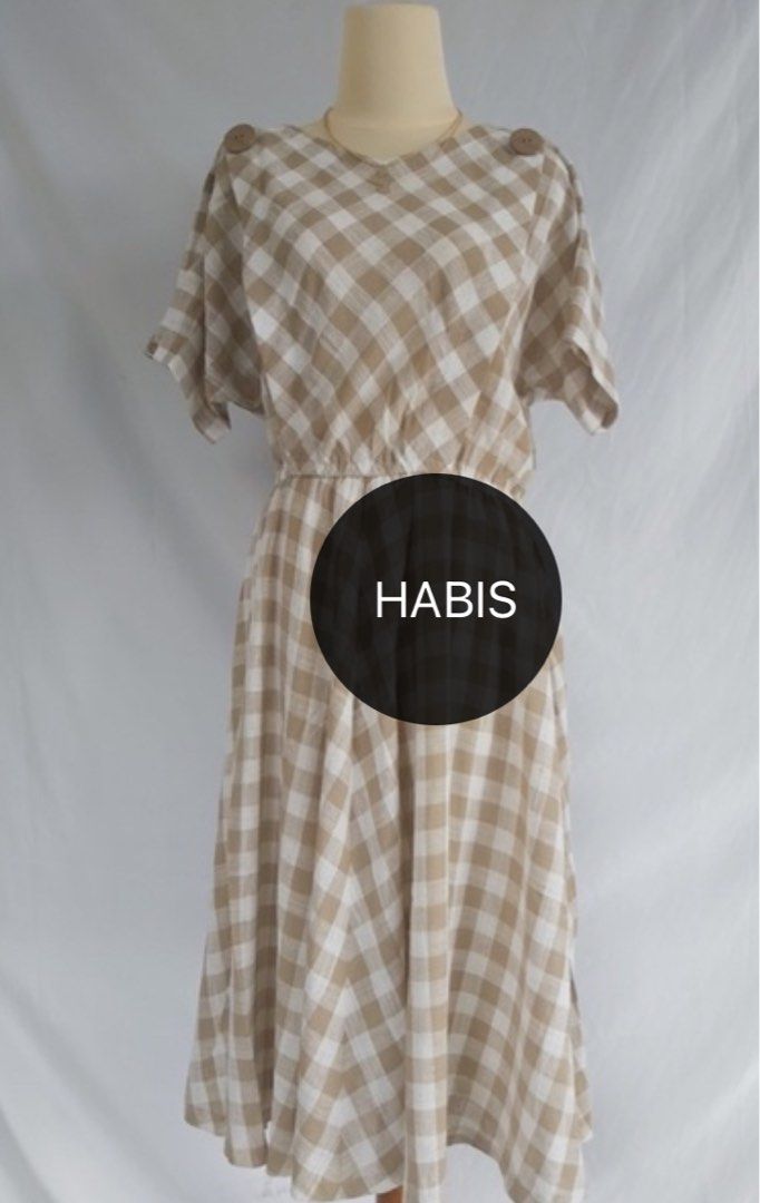 Zara dress midi plaid kotak beige nude putih like new
