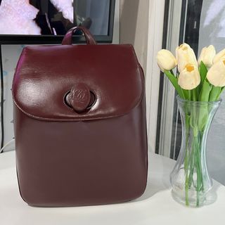 🇰🇷 Preloved Rare LQ Louis Quatorze Backpack Hard Leather Standalone in Maroon Lock Twist from The Heritage Collection