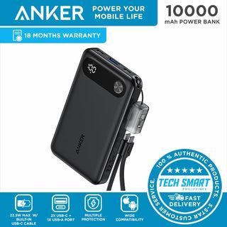 Anker Power Bank, 10000mAh Portable Charger with Built-in USB-C Cable and Lanyard, 22.5W Max Output with 2 USB-C and 1 USB-A Port, Battery Pack for iPhone 15/14, Galaxy S23, iPad, AirPods, and More