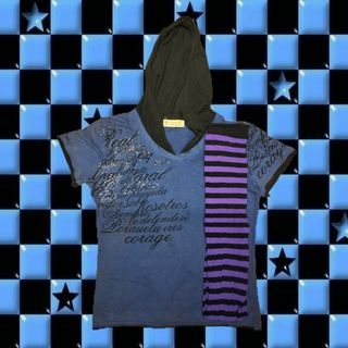 ☆♱🎧🫧 ASPACK Blue Grunge Hood Shirt & Purple Striped Pantyhose ᯓ★꩜ .ᐟ
