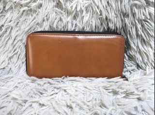 Brown Black Zipper Smooth Leather Long Wallet