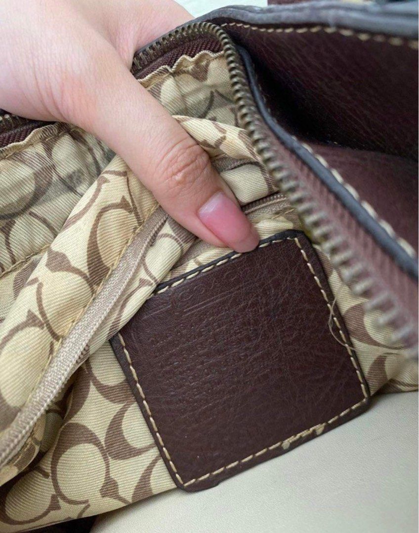 BUNDLE Coach Monogram Brown Buckle Shoulder Bag (Category: Luxury Bags & Wallets) located in Mandaue City. Submitted by y2kmallows.ph (Listing ID 1309774805, Image 3). Description: - bought here in carousell as well for 1k+ - very sturdy and spacious - width - 14in - with authenticity card/ tag inside FREE WHITE BAG (seller didnt indicate flaws so Ill be honest flaws are stated below) - flaws shown in photos • Repainted hardware • Run at back • R