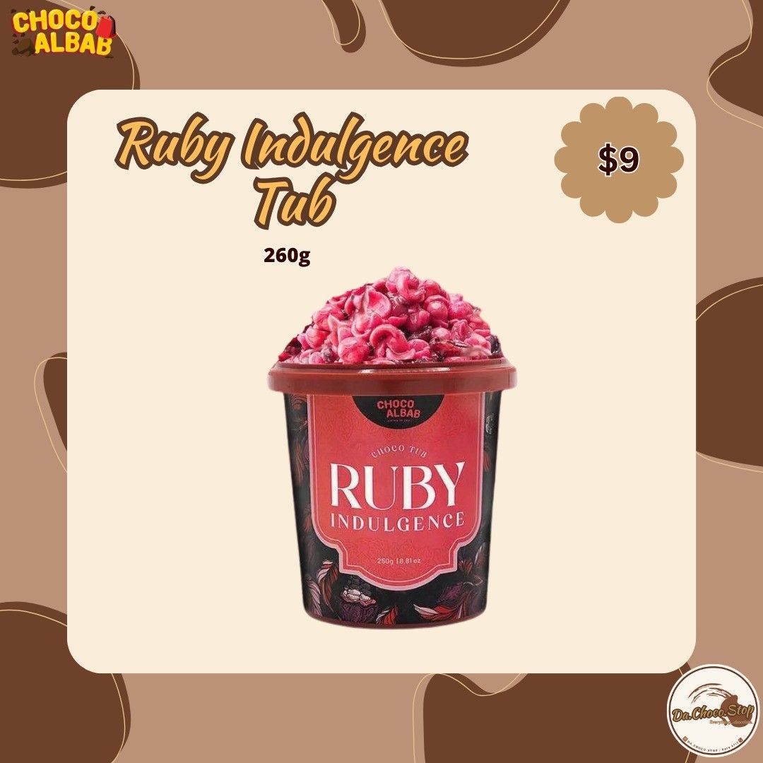Choco Albab Ruby Indulgence (Category: Other Food & Drinks) located in Singapore. Submitted by idaiaabdllh (Listing ID 1309768034, Image 1). Description: Discover the New Era of Chocolate Delight Dive into a world of unique flavors and textures with our Ruby Indulgence with Cranberries. This luxurious treat combines the rare and exquisite taste of ruby cocoa with the vibrant burst of cranberries and the delightful crunch of strawberry cereals, cr