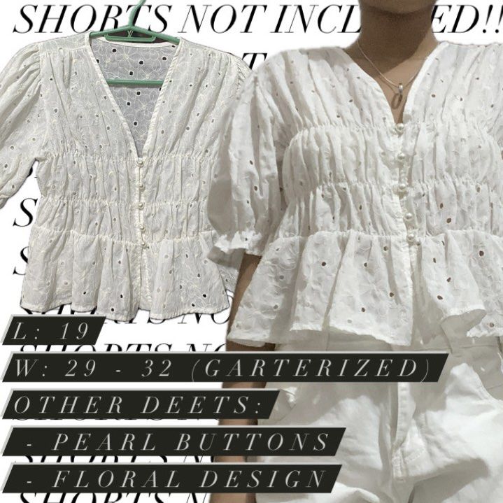 Floral White Puff-sleeves Top (Category: Blouses) located in Dinalupihan. Submitted by zyieone (Listing ID 1309850208, Image 1). Description: ❕DECLUTTERING L: 18 W: 29-32 🖇️ Own pre-loved, worn once 🖇️Floral-ish design 🖇️Best for summer/beach galas DM if u have more questions^^ .