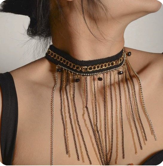 Gold embellished chain necklace statement dressy black beads choker dinner party sexy designer classy chic