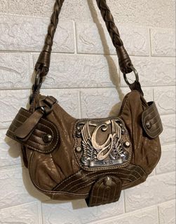 Guess brown y2k kili kili hobo shoulder bag | guess bronze shoulder bag with braided strap | guess leather bag | y2k fairycore coquette bags