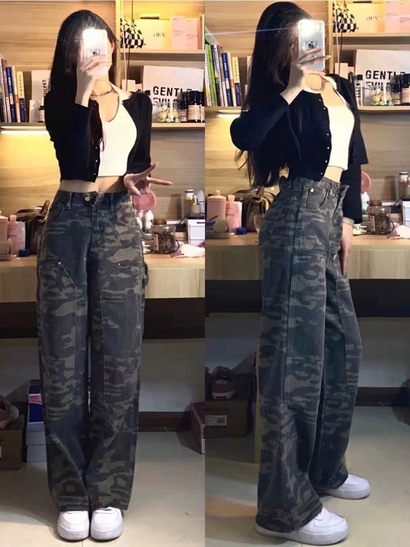High Waisted Army Green Camouflage Jeans Straight Wide Leg Petite Girls Women s Fashion Bottoms Jeans Leggings on Carousell
