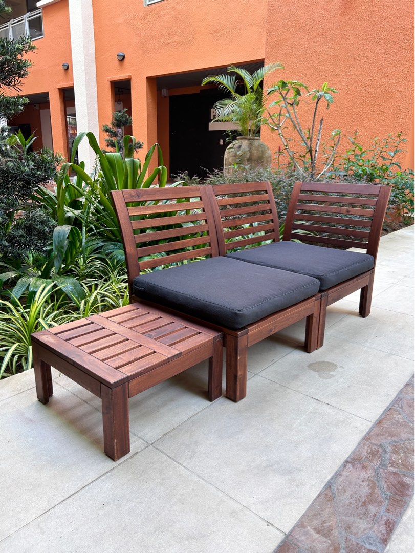 Ikea APPLARO 2 seater OUTDOOR/GARDEN wooden bench with CUSHIONS + TABLE