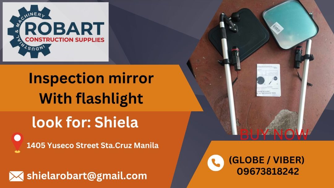 Inspection Mirror With flashlight (Category: Construction Tools & Equipment) located in Caloocan City. Submitted by shielaroba44709 (Listing ID 1309806907, Image 1). Description: Inspection Mirror With flashlight SEND US MESSAGE FOR INQUIRIES ‼️‼️ Call: 09673818242 / 09662708845 Landline: 8636-3005 / 7746-6248 / 7002-2872 Look For: Shiela Robart Email: shielarobart@gmail. com robartconstructionsupplies@gmail. com 🔵100% Trusted Supplier 🔵Competi
