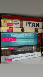 law books (tax reviewer, divina on commercial law, survival notes in labor law)