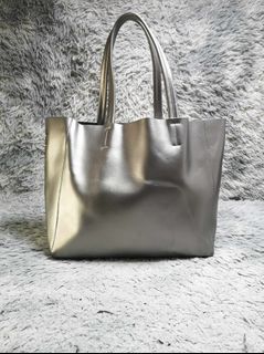Metallic Silver Leather Tote Bag
