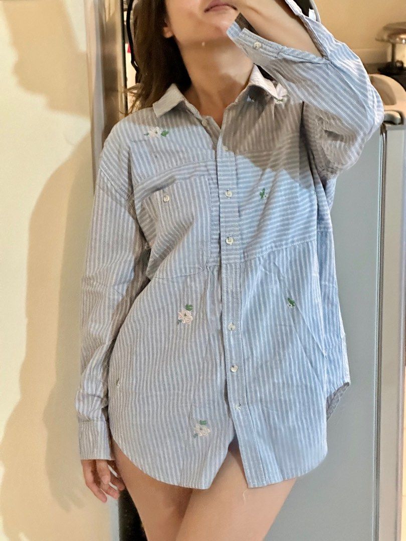 Original Topshop denim style polo dress with embroidered flowers Women s Fashion Dresses Sets Dresses on Carousell