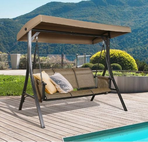 Patio 3 Seat Textilene Porch Swing Outdoor Swing Glider with Stand and Adjustable Polyester Canopy Brown Furniture Home Living Outdoor Furniture on Carousell