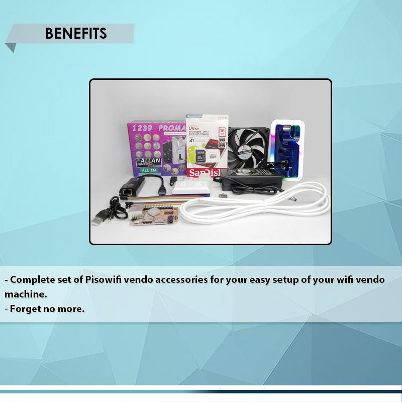 PISOWIFI KIT ACCESSORIES FOR BASIC WIRING SETUP INSTALLATION (Category: Office & Business Technology) located in Quezon City. Submitted by besteinpc (Listing ID 1309599535, Image 3). Description: PISOWIFI KIT ACCESSORIES FOR BASIC WIRING SETUP INSTALLATION FEATURES: Package Inclusion: 👉a.1pc Pisowifi Main board 👉b. 1pc USB 3.0 to LAN 👉c. 1pc 16g Micro SD card 👉d. 1pc AC/DC 5A 12v adapter 👉e. 1pc DC-DC Step-down converter 👉f. 1pc DC Female �
