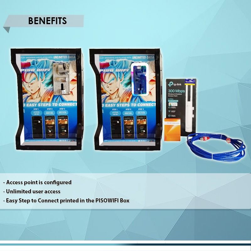 PISOWIFI VENDO, LPB SOFTWARE LICENSE, READY TO USE (Category: Computer Parts) located in Quezon City. Submitted by besteinpc (Listing ID 1308774506, Image 3). Description: PISOWIFI VENDO, LPB SOFTWARE LICENSE, READY TO USE FEATURES: VARIATION: 👉a. NON LED UNIVERSAL COINSLOT 👉b. RGB COLOR UNIVERSAL COINSLOT 👉Software license: LPB full access lifetime Materials Used: 👉a. 1pc WIFI Box Formica 15x10x10inc 👉b. 1pc Universal coinslot 👉c. 1pc 2-ga