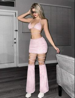 SHEIN PINK BACKLESS CROP HALTER TOP AND PINK SKIRT WITH LEG WARMER
