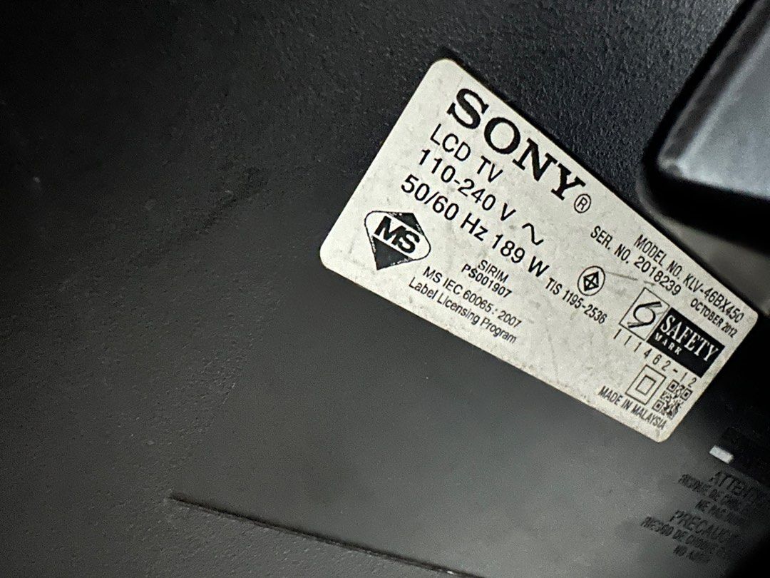TV with Sigma stand (Category: TV) located in Paranaque City. Submitted by ann_1239 (Listing ID 1309754867, Image 2). Description: Sony LCD TV 46 inches with Sigma stand (all in) .