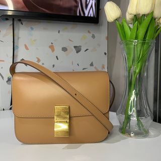 🇯🇵 Preloved Celine Classic Box Type Sling Bag Shoulder Bag in Camel Brown Genuine Leather