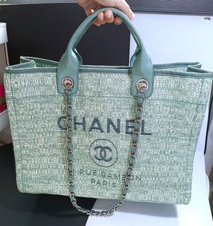 CHANEL Deauville Tote Large Green Canvas Silver Hardware